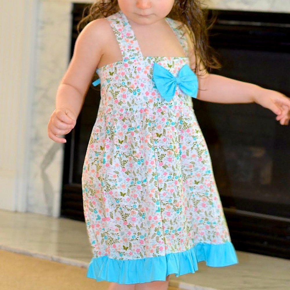 Fantaisie Kids Girl’s 3T Cotton Bow Dress w/ Bloomers Vintage Floral Aqua Peach